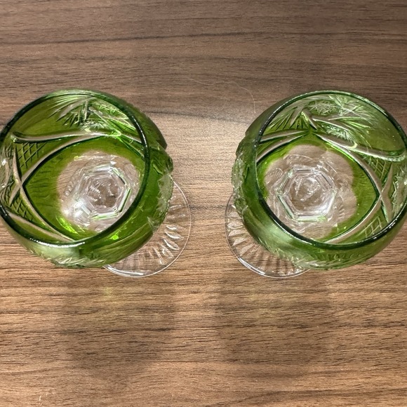 Set Of 2 Vintage Mini Green Cut to Clear Bohemian Crystal Cordial Glasses 4.5" - Picture 5 of 8